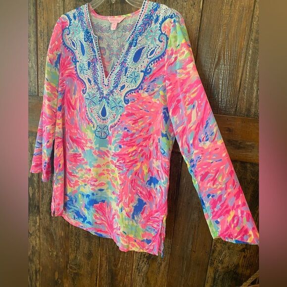 Lilly Pulitzer Sz XS Fuschia Pink Renato Palm Beach Silk Tunic Blouse - Picture 8 of 8